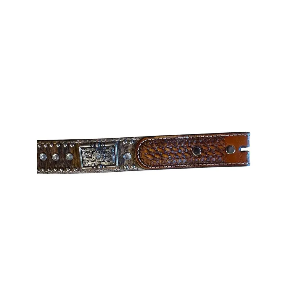 Studded Brown Hair-on Leather Belt with Crystal Accents Size 28 (no buckle)